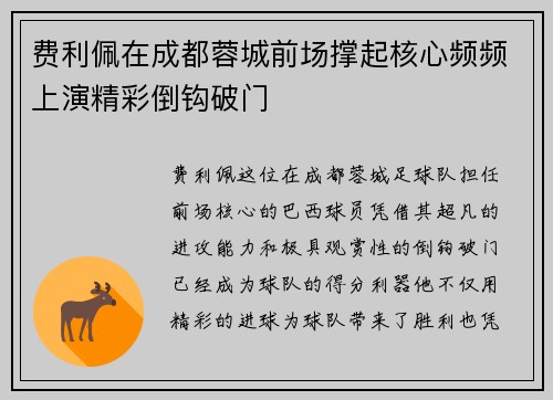 费利佩在成都蓉城前场撑起核心频频上演精彩倒钩破门 费利佩在成都蓉城前场撑起核心频频上演精彩倒钩破门
