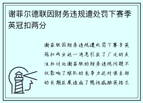 谢菲尔德联因财务违规遭处罚下赛季英冠扣两分